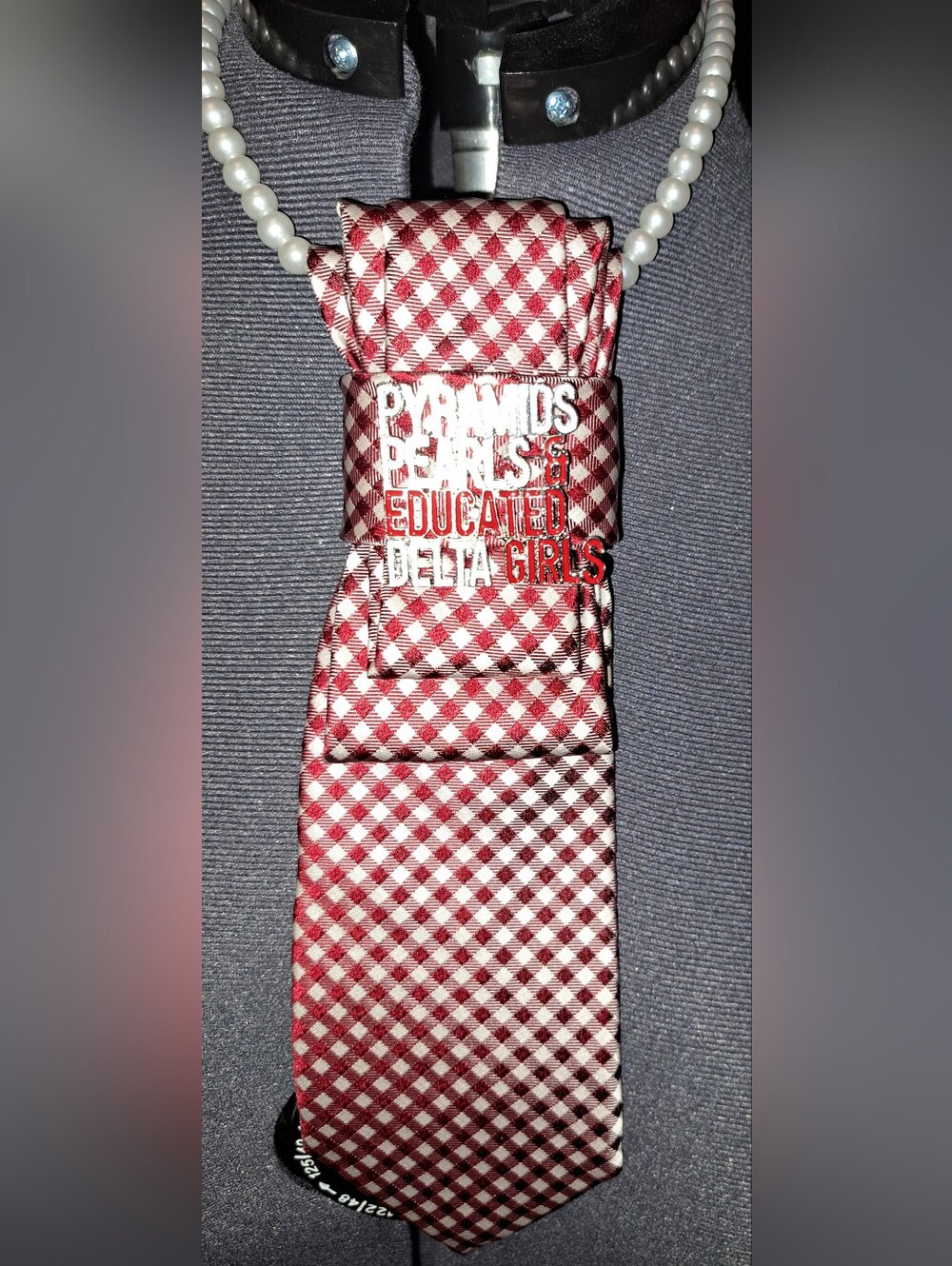 Red and White Gingham Tie with Metal 'Delta Girls' Slider